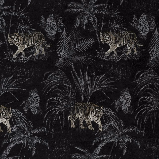 Black tiger and palm leaf patterned fabric swatch with charcoal detailing