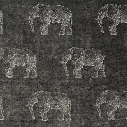 Dark charcoal fabric with outlined elephants in a soft grey repeat