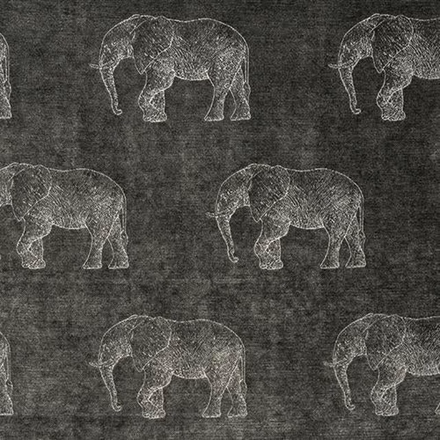 Dark charcoal fabric with outlined elephants in a soft grey repeat