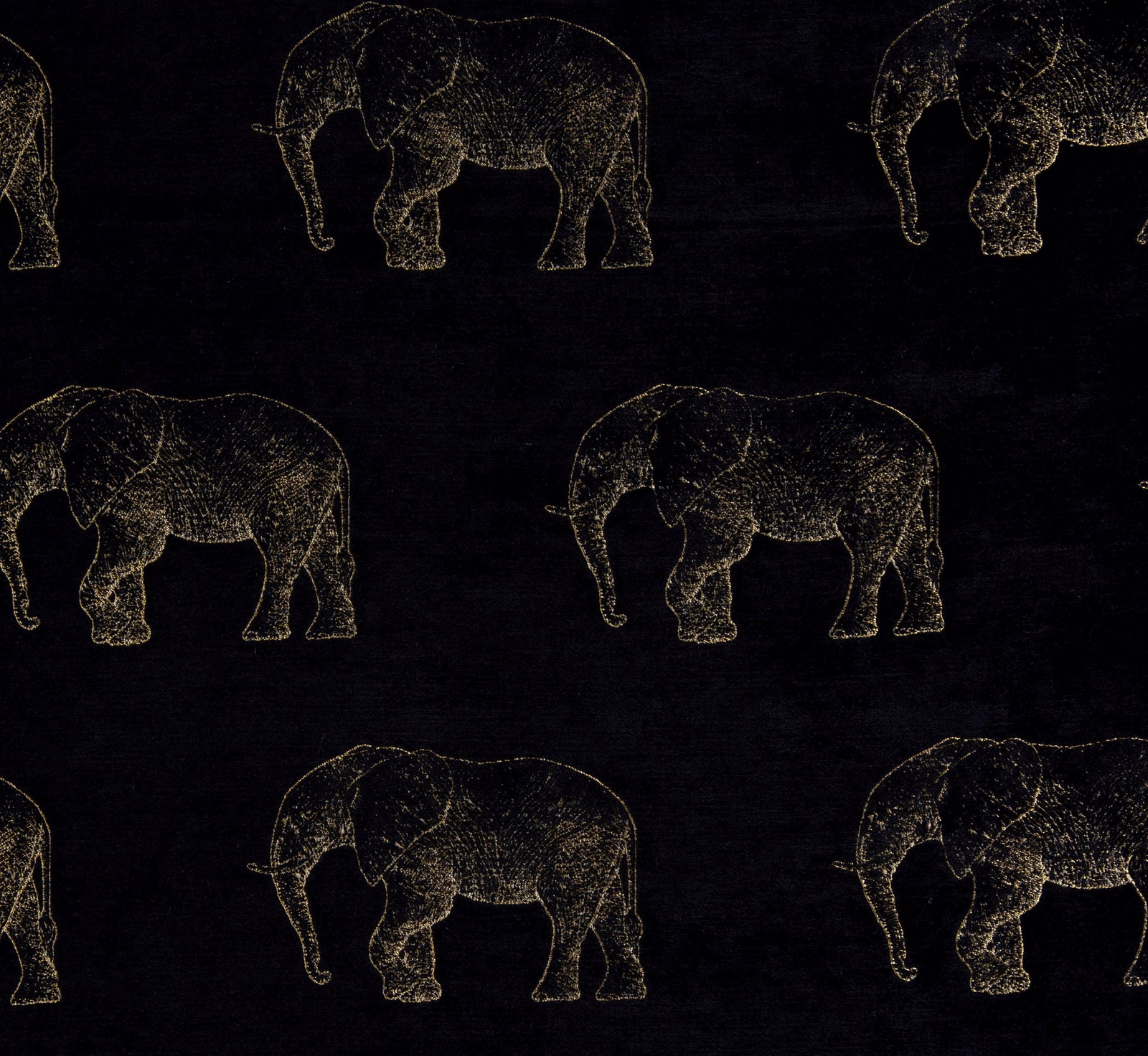 Black fabric swatch with gold elephant motif and subtle textured print