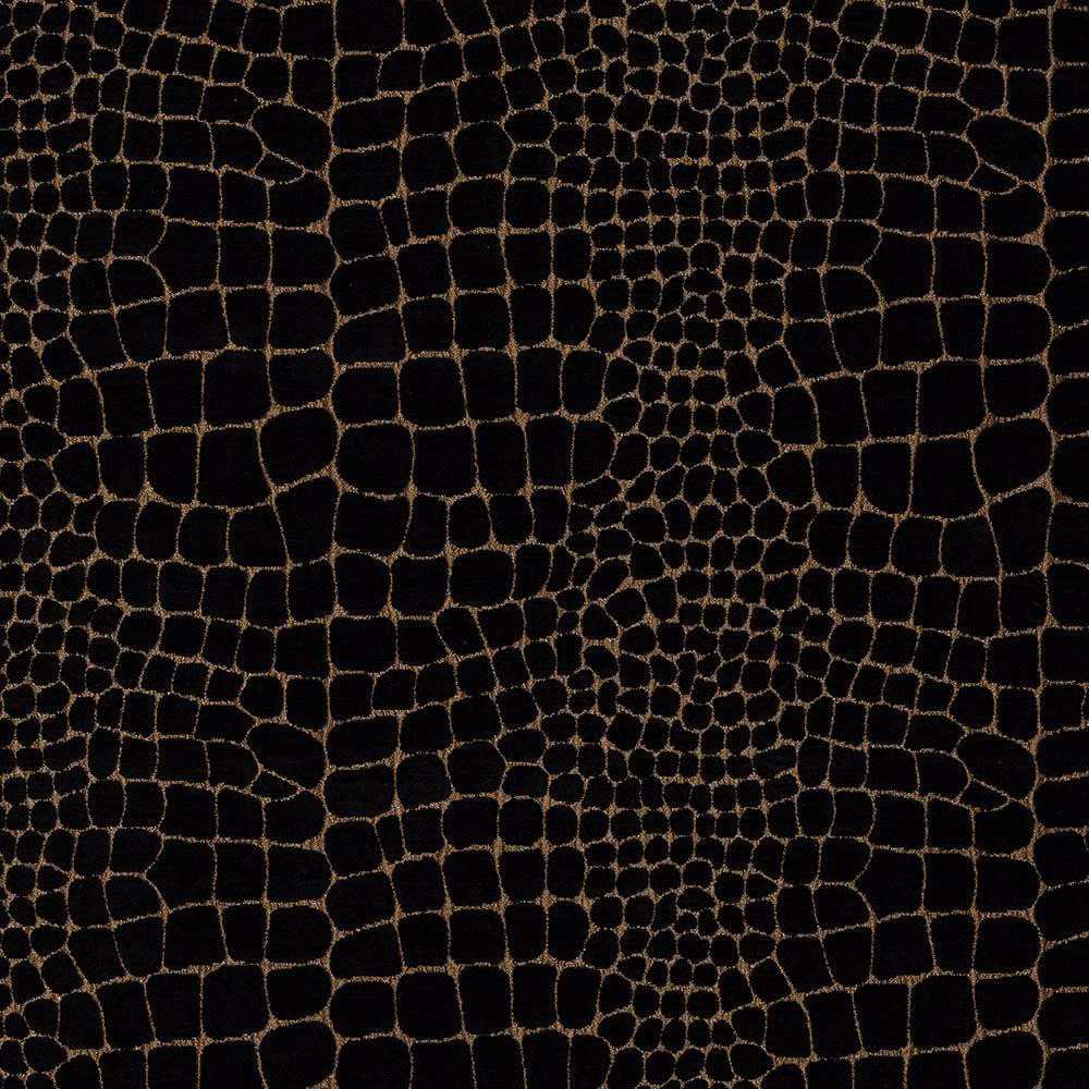 Black fabric swatch with bronze-brown reptile pattern and dense crackle motif