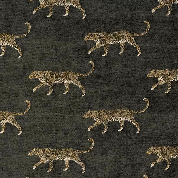 Dark olive-grey leopard print fabric with sandy spotted cats and textured ground