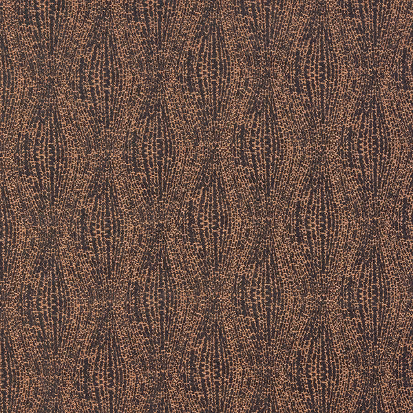 Copper-brown woven fabric with dark speckled vertical stripe pattern and subtle shimmer