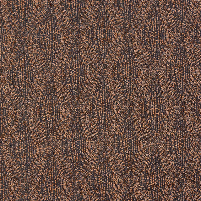 Copper-brown woven fabric with dark speckled vertical stripe pattern and subtle shimmer