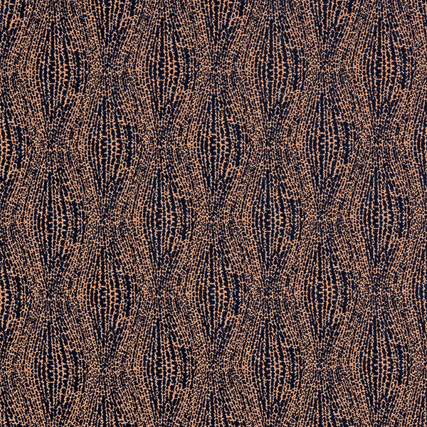 Close-up of indigo and copper geometric woven fabric with metallic sheen