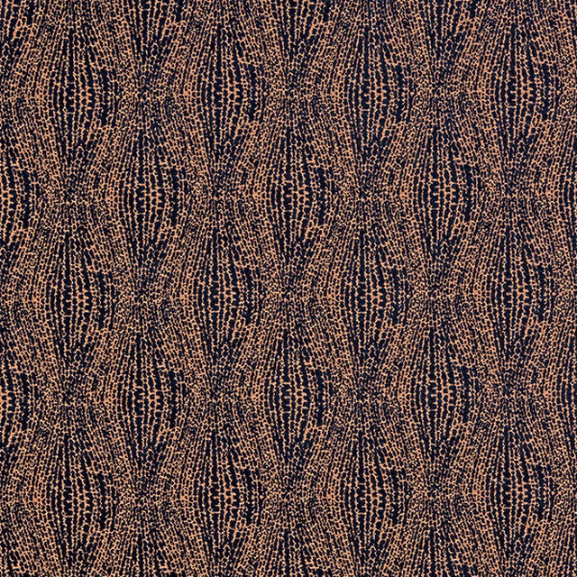 Close-up of indigo and copper geometric woven fabric with metallic sheen