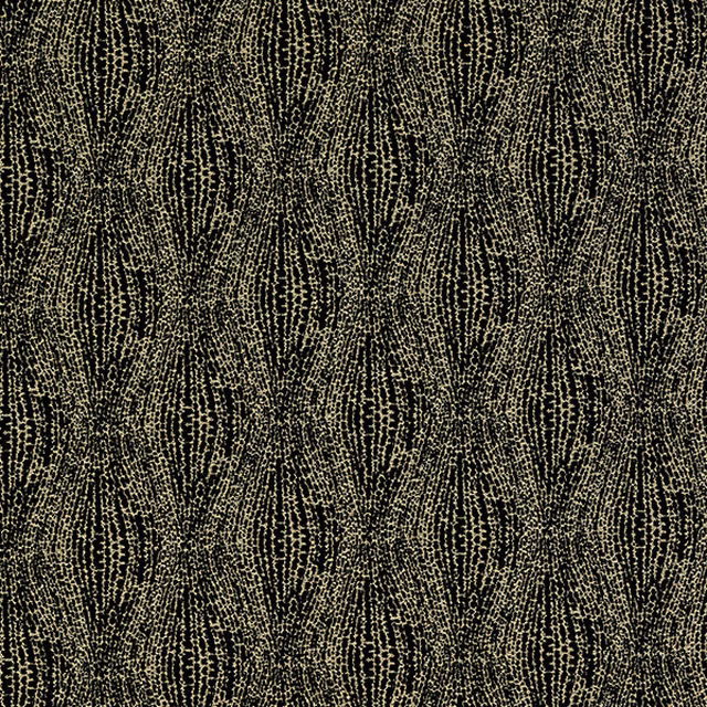 Dark abstract patterned fabric in black and muted gold with fine shimmer