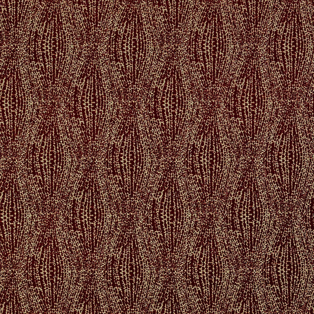 Deep red geometric fabric with gold lurex flecks and repeating leaf-like motif
