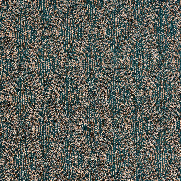 Teal and gold patterned fabric with a fine metallic shimmer and vertical repeat