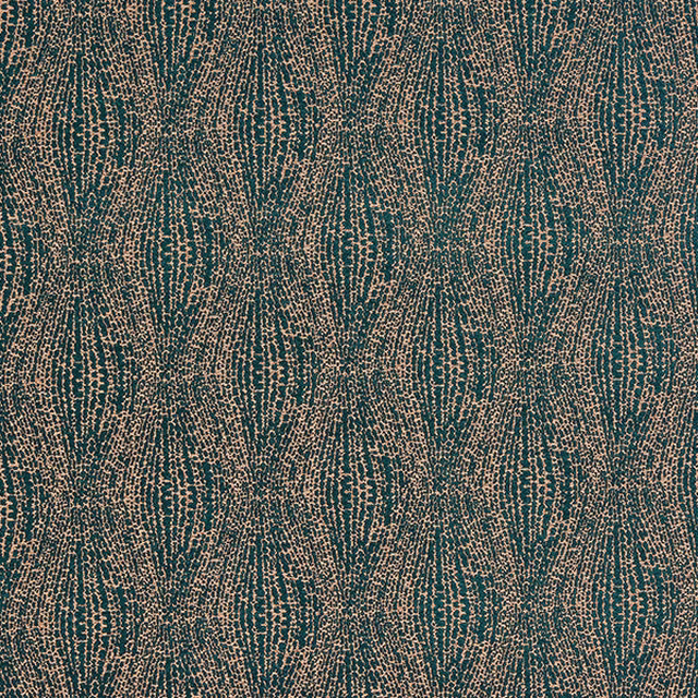 Teal and gold patterned fabric with a fine metallic shimmer and vertical repeat