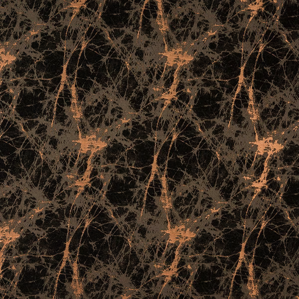 Black fabric swatch with bronze crackle-like abstract metallic pattern