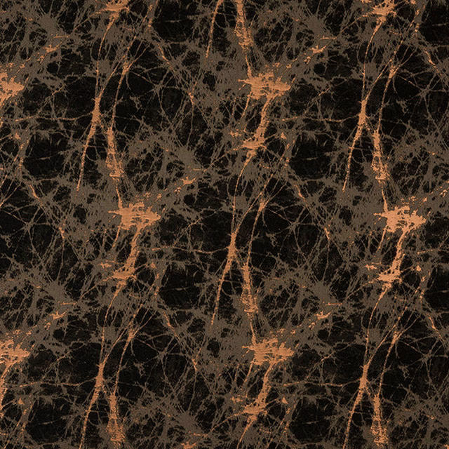Black fabric swatch with bronze crackle-like abstract metallic pattern