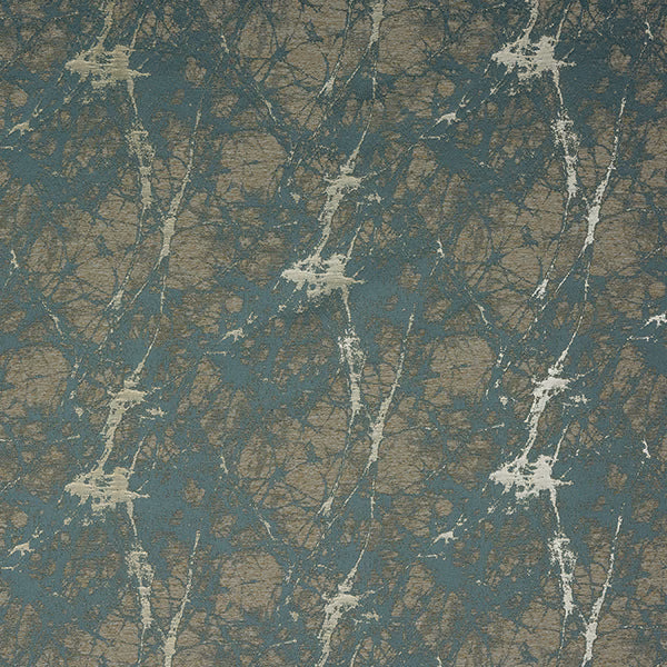 Duck egg teal abstract fabric with crackled ivory and taupe metallic markings