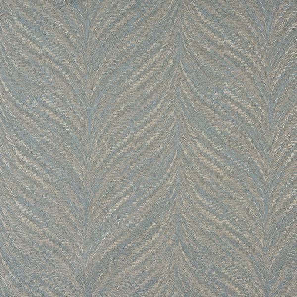 Duck egg blue woven fabric with shimmering leaf pattern and textured stripe repeat