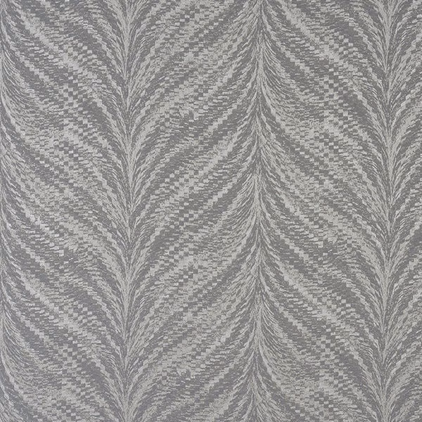 Silver-grey patterned fabric with shimmering chevron leaf motif and subtle woven texture