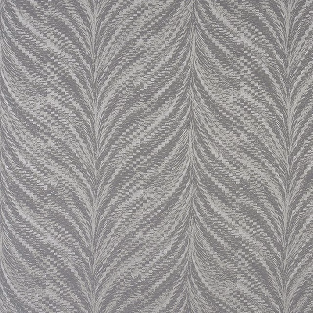 Silver-grey patterned fabric with shimmering chevron leaf motif and subtle woven texture