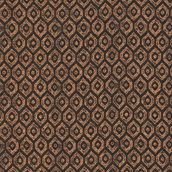 Small copper geometric motif on a dark charcoal woven fabric with subtle shimmer