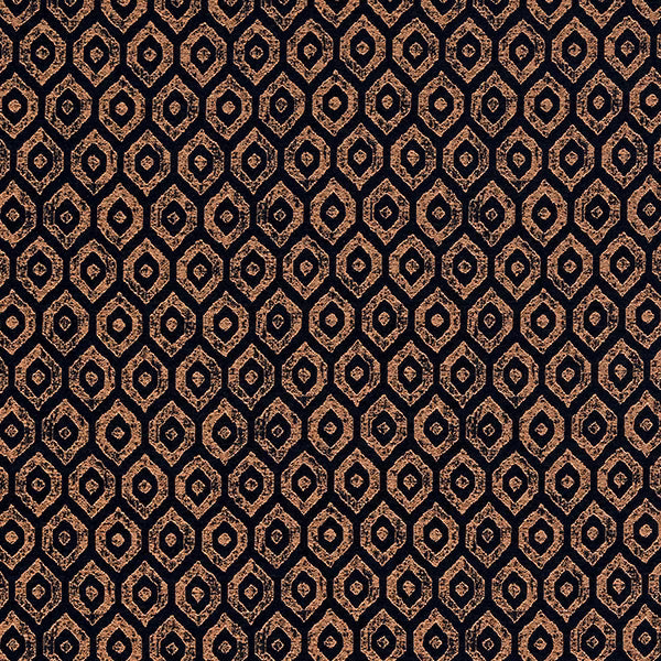 Dark indigo geometric fabric with copper metallic hexagon-like motifs