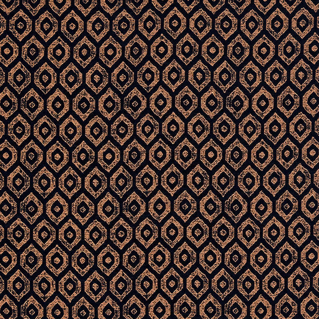 Dark indigo geometric fabric with copper metallic hexagon-like motifs