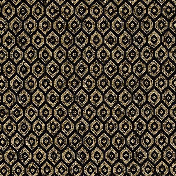 Black fabric swatch with small gold geometric diamond-and-oval pattern