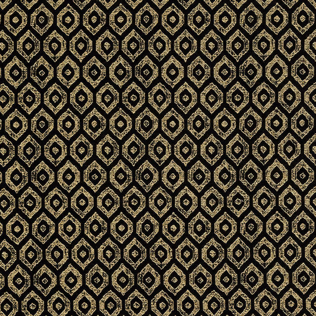 Black fabric swatch with small gold geometric diamond-and-oval pattern