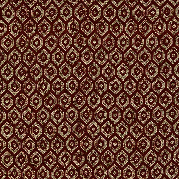 Deep red geometric fabric with metallic lattice outlines and small repeating motif