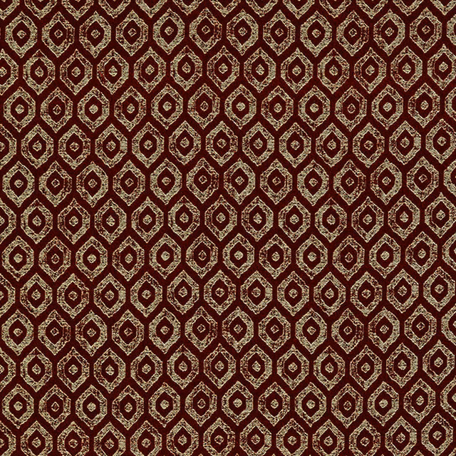 Deep red geometric fabric with metallic lattice outlines and small repeating motif