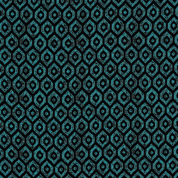 Close-up of geometric teal and black woven fabric with a subtle metallic shimmer
