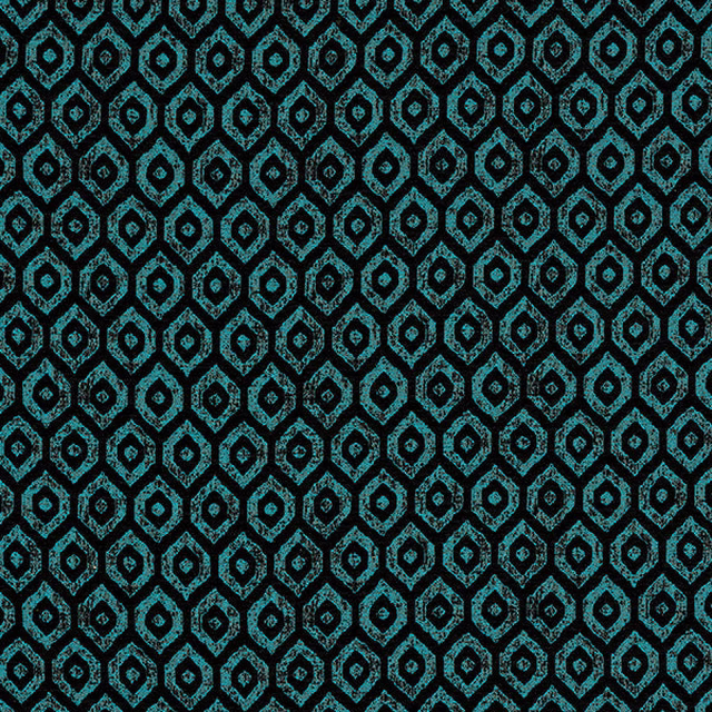 Close-up of geometric teal and black woven fabric with a subtle metallic shimmer