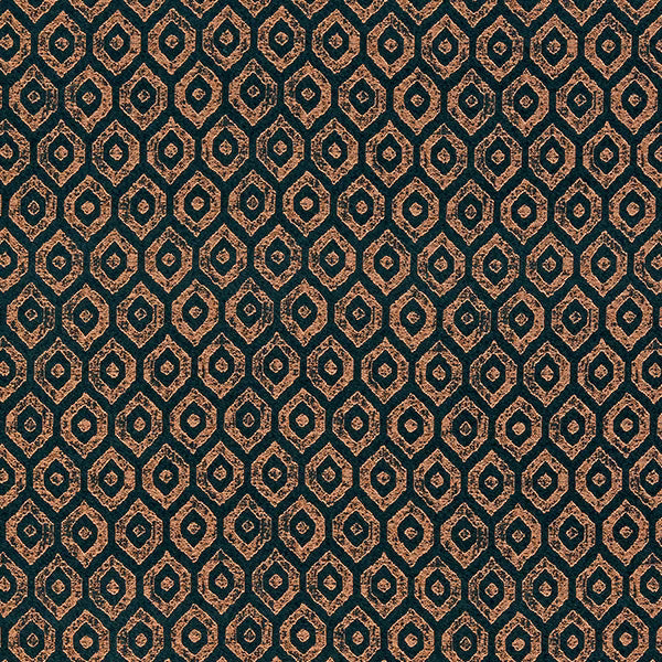 Close-up of a small geometric teal fabric with copper metallic detailing