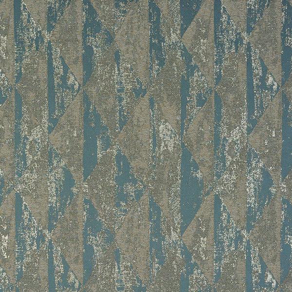 Duck egg teal and stone geometric fabric with subtle metallic shimmer