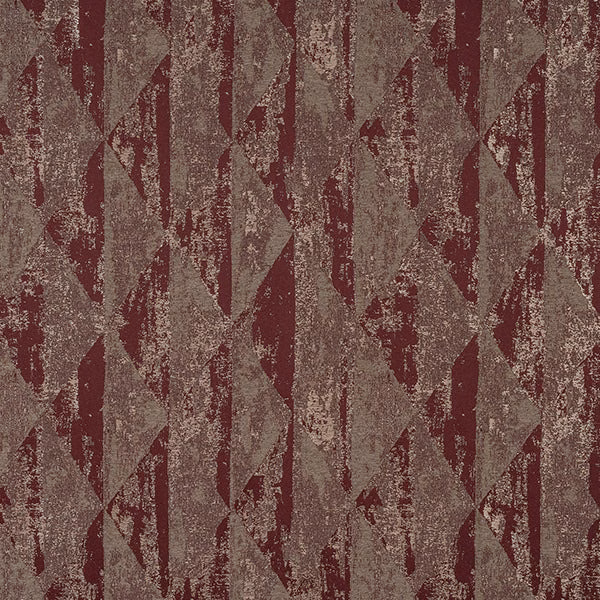 Abstract oxblood and taupe shimmer fabric with angular weathered motif