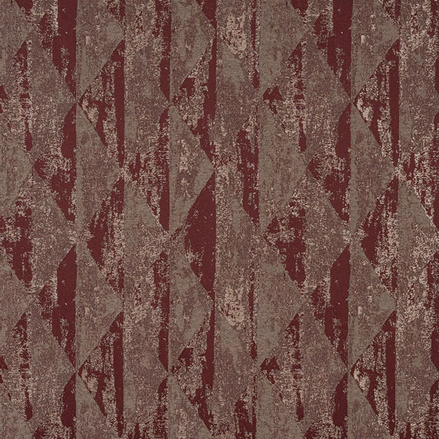 Abstract oxblood and taupe shimmer fabric with angular weathered motif