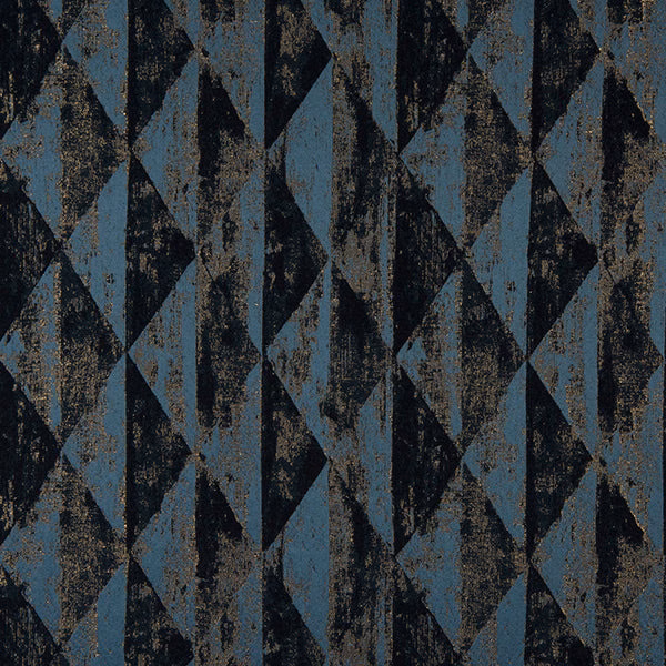 Geometric teal and black fabric with distressed gold shimmer and diamond motifs