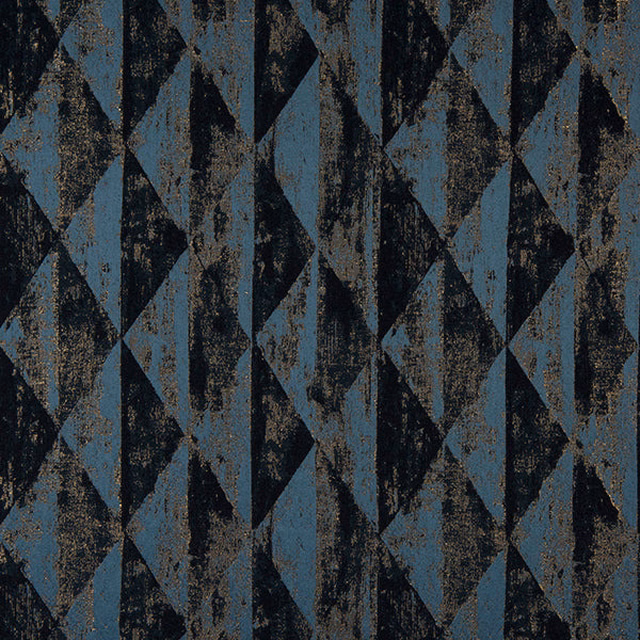 Geometric teal and black fabric with distressed gold shimmer and diamond motifs