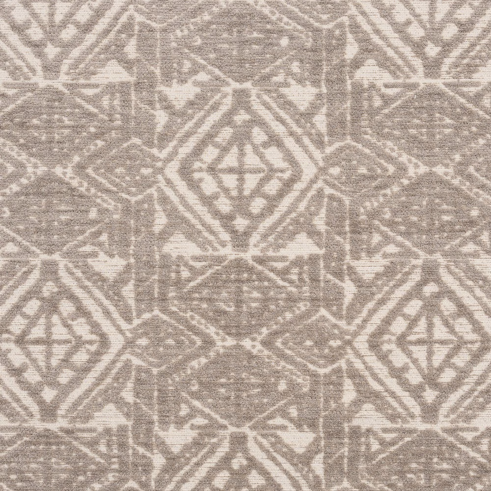 Warm mushroom taupe geometric upholstery fabric with layered diamond motifs and a textured weave