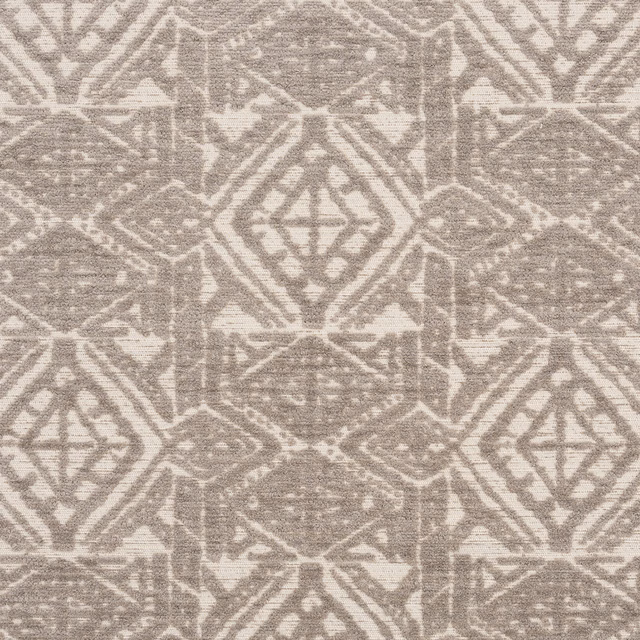 Warm mushroom taupe geometric upholstery fabric with layered diamond motifs and a textured weave