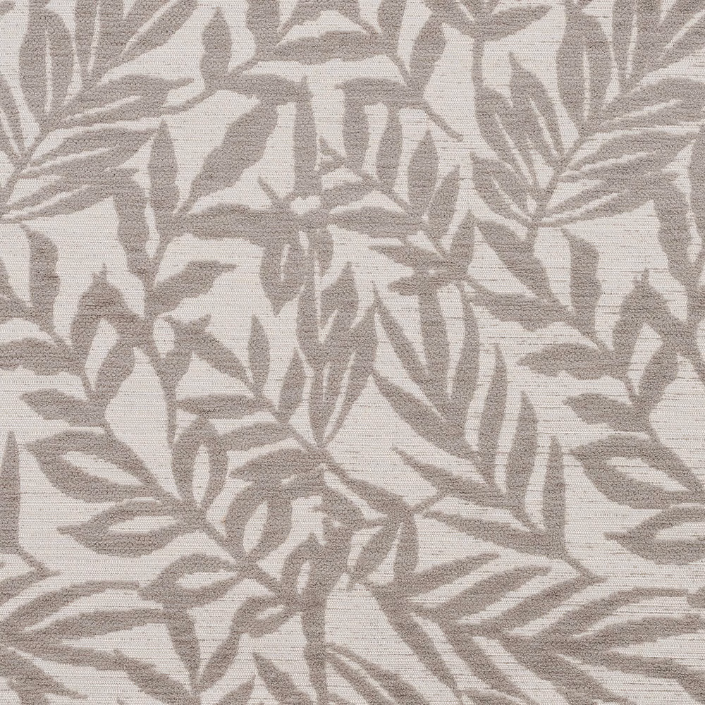 Close-up of mushroom taupe leaf pattern on a pale woven fabric