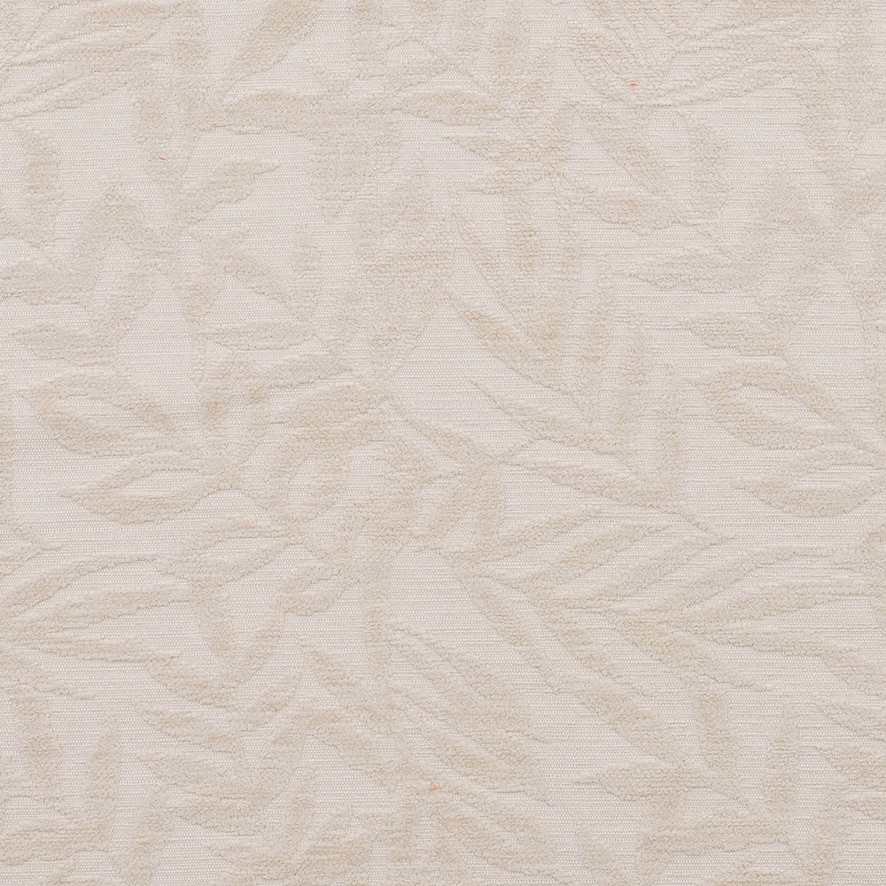 Cream-toned woven fabric with a soft leafy floral pattern and matte texture