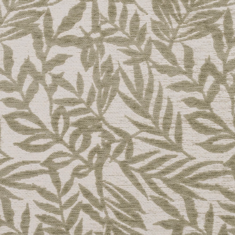 Muted sage botanical leaf pattern on a warm ivory textured weave
