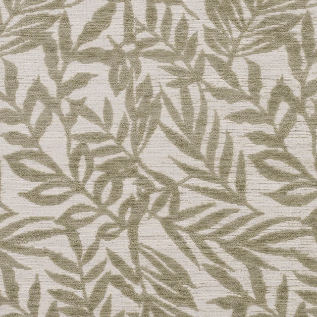 Muted sage botanical leaf pattern on a warm ivory textured weave