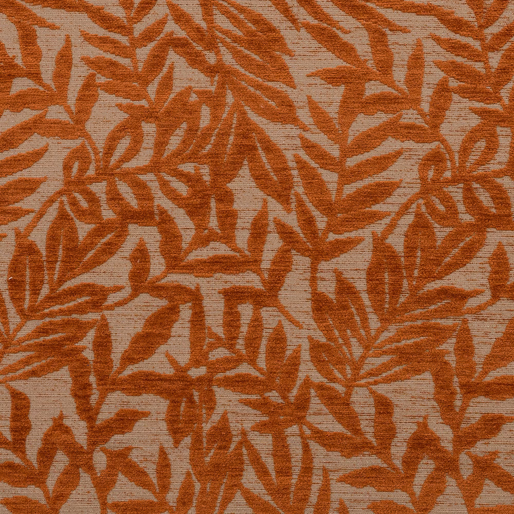 Terracotta leaf motif on a beige woven fabric ground