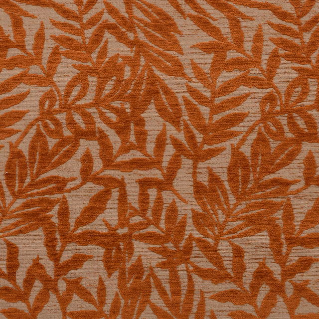 Terracotta leaf motif on a beige woven fabric ground