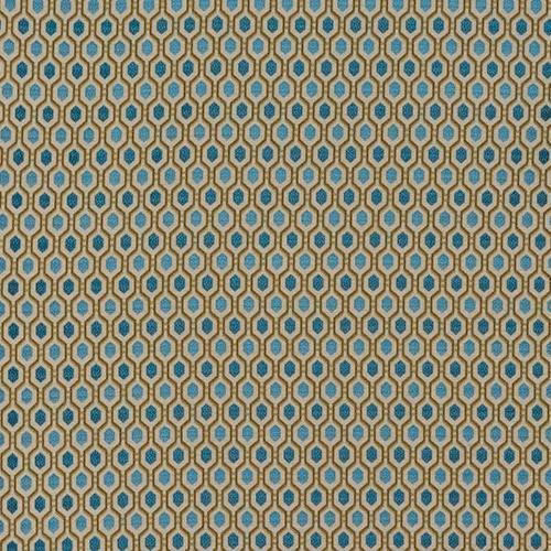 Small geometric upholstery fabric with turquoise-blue octagons on a beige and gold ground