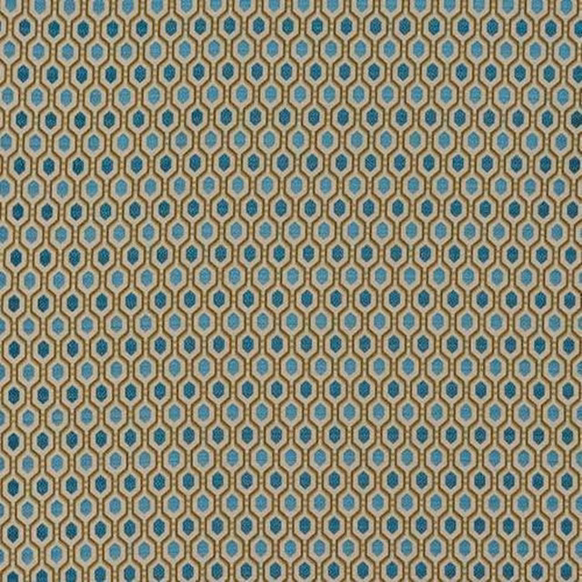 Small geometric upholstery fabric with turquoise-blue octagons on a beige and gold ground