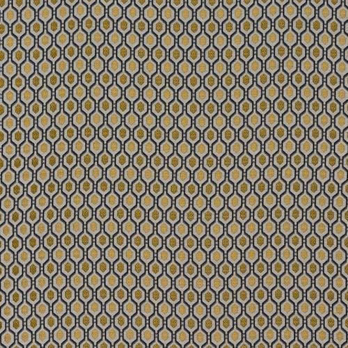 Small geometric upholstery fabric in ochre, grey and charcoal hexagonal repeat