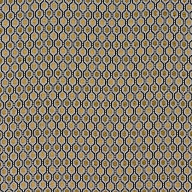 Small geometric upholstery fabric in ochre, grey and charcoal hexagonal repeat
