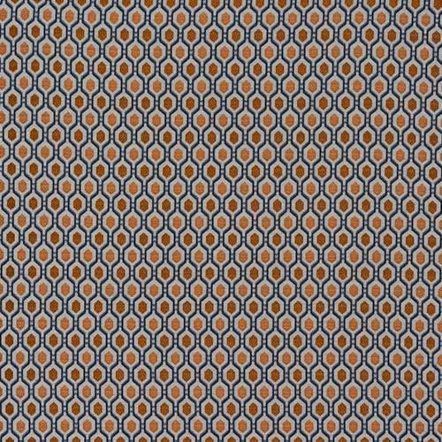 Close-up of a small geometric fabric in spice orange, grey and cream
