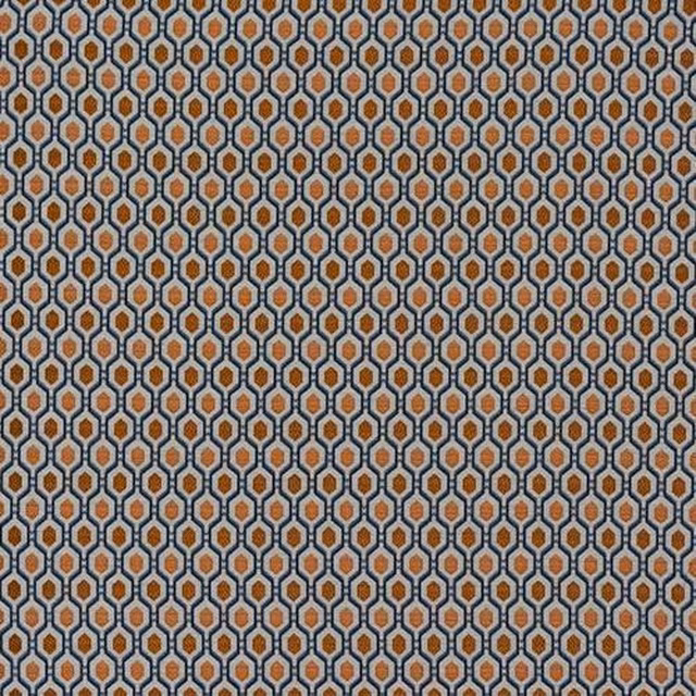 Close-up of a small geometric fabric in spice orange, grey and cream