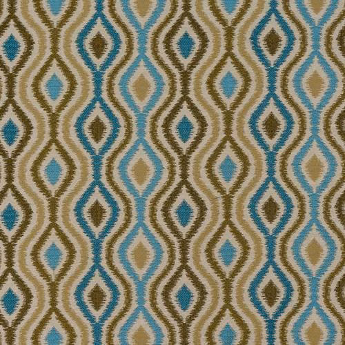 Geometric upholstery swatch with teal teardrops, gold outlines and cream ground